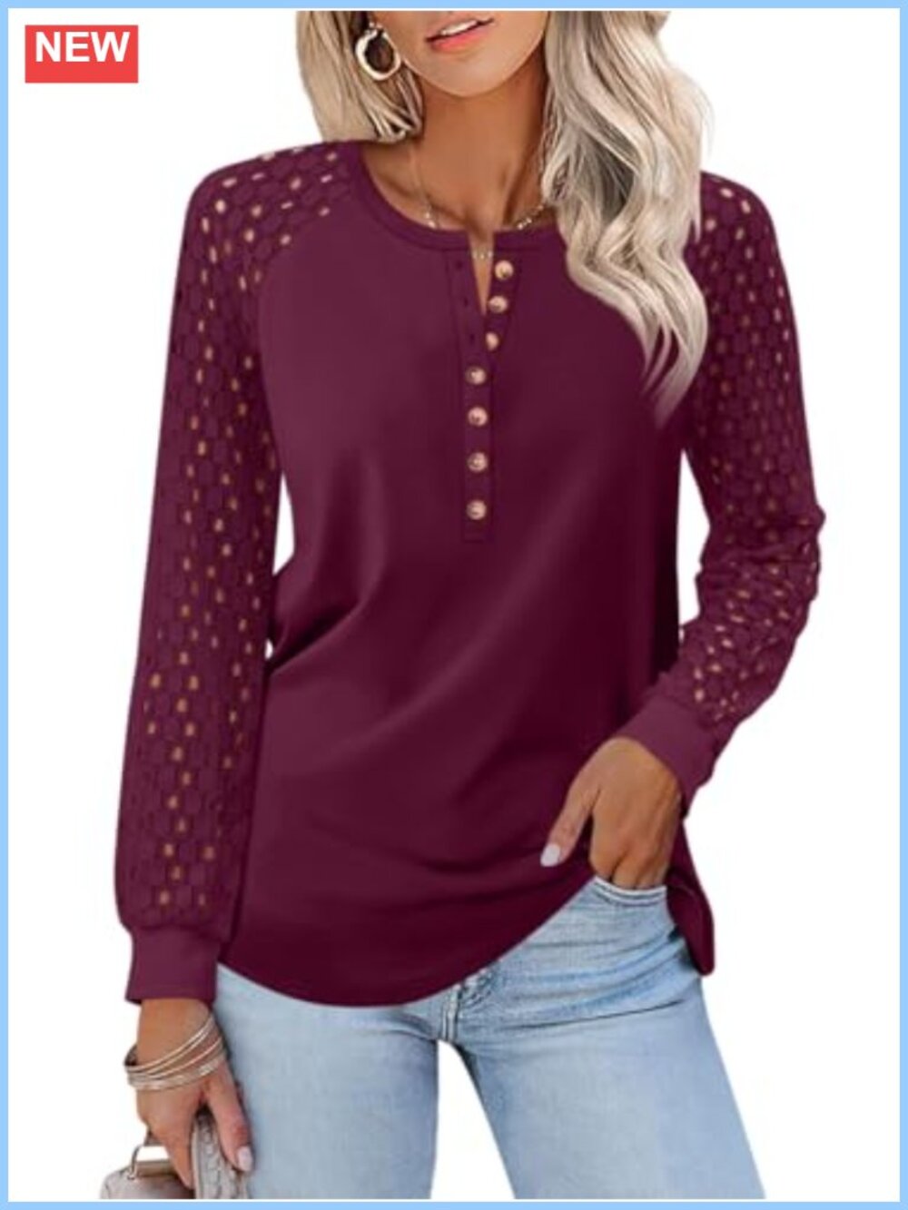 Minetom Womens Lace Long Sleeve Henley Shirt Casual Blouse Soft Stretchy